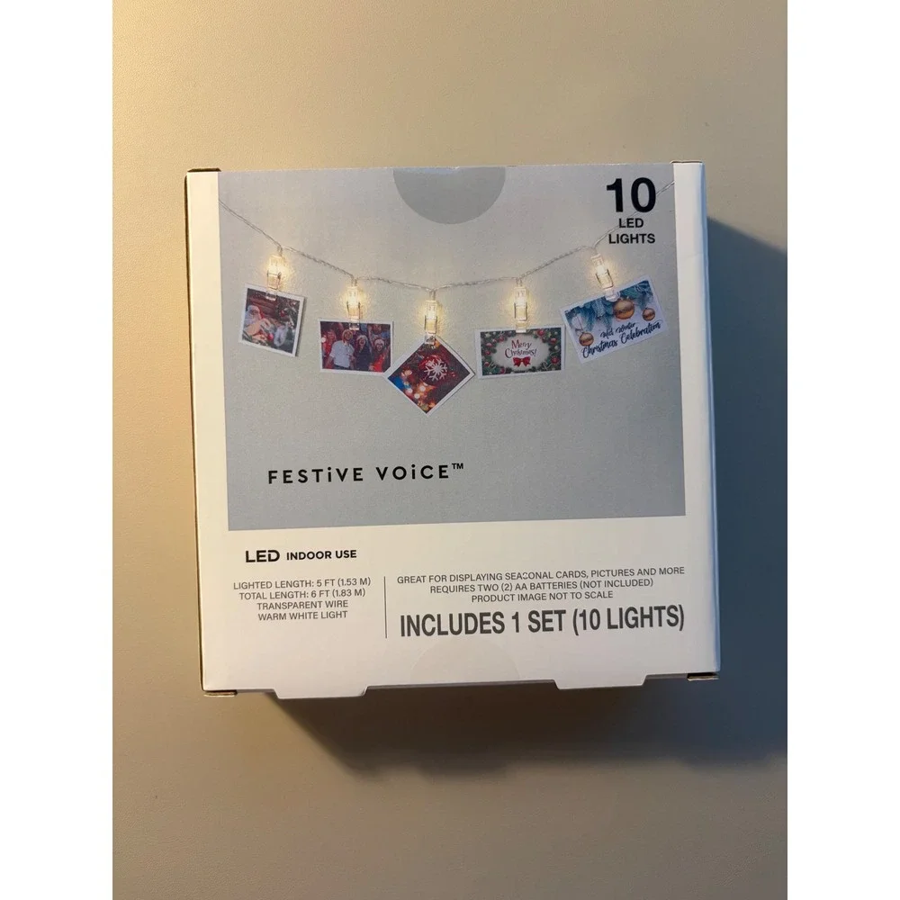 Festive‎ Voice 10 LED Clear Clip String Lights Warm White Battery Operated 6ft